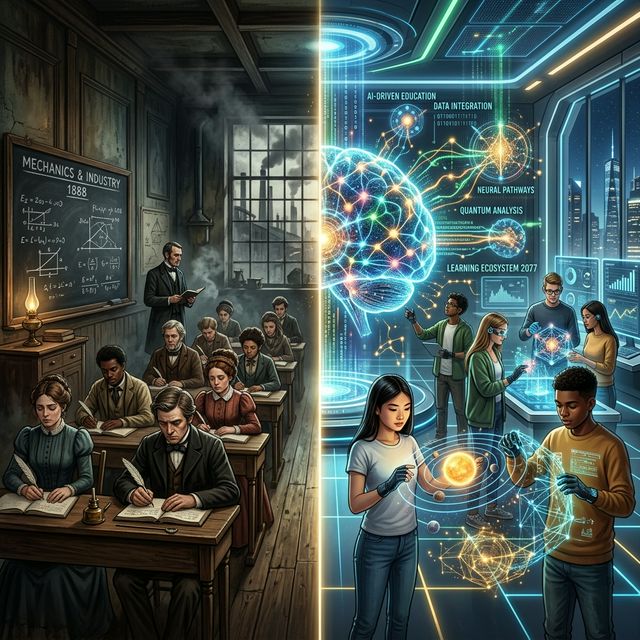 A futuristic AI-powered classroom contrasting with a vintage 19th-century industrial school setting.